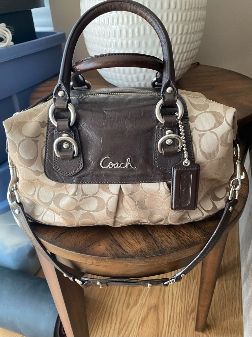Vintage Coach Khaki and Chestnut Canvas Satchel with Leather Trim